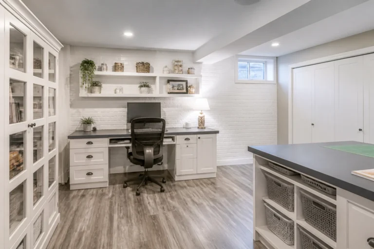 AI-generated basement home office and craft room concept with a built-in desk, glass-front cabinets and storage