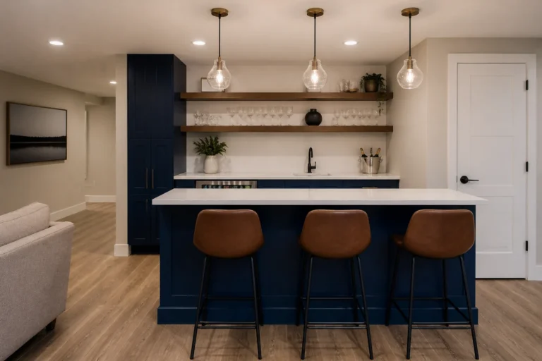 AI-generated basement wet bar concept with navy cabinets, a white countertop, bar stools and floating shelves