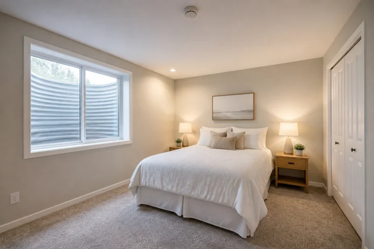 AI-generated basement guest bedroom concept with a large window, queen bed and closet