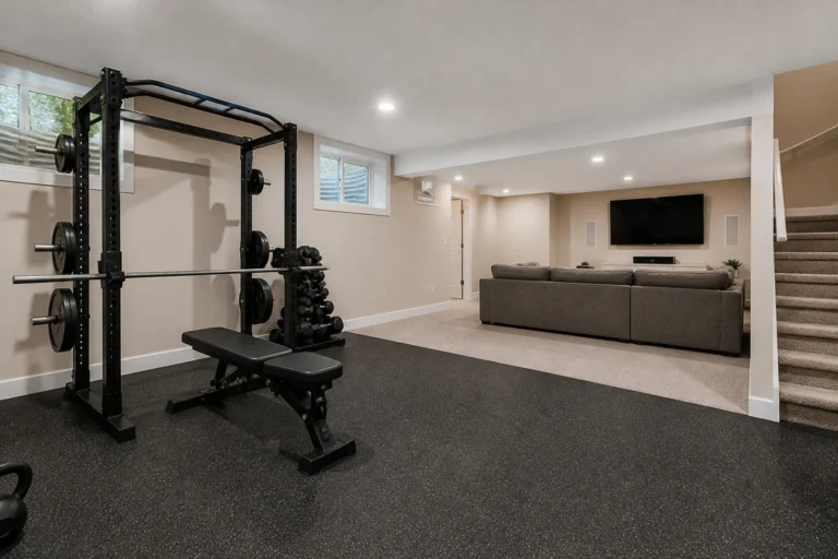 AI-generated basement gym and media room concept with exercise equipment, rubber flooring and a lounge area